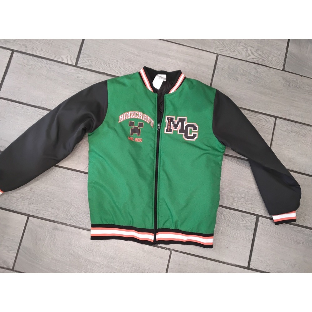 Minecraft Boys Varsity‎ Bomber Jacket Green Black Creeper Full Zip Size 14/16 L
